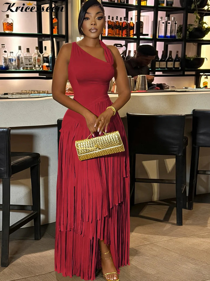 Luxury Red One Shoulder Fringe Maxi Dress For Girls