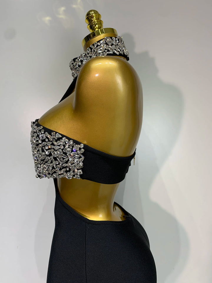 Luxury Black Crystal Beaded Evening Gown Limited