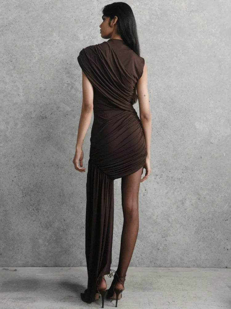 Elegant Ruched Turtleneck Pleated Mini Party Dress