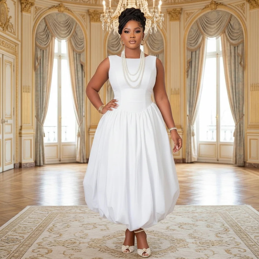Elegant Sleeveless Round Midi Dress For Wedding Guests