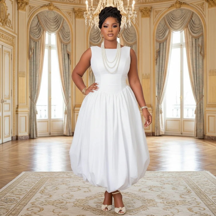 Elegant Sleeveless Round Midi Dress For Wedding Guests