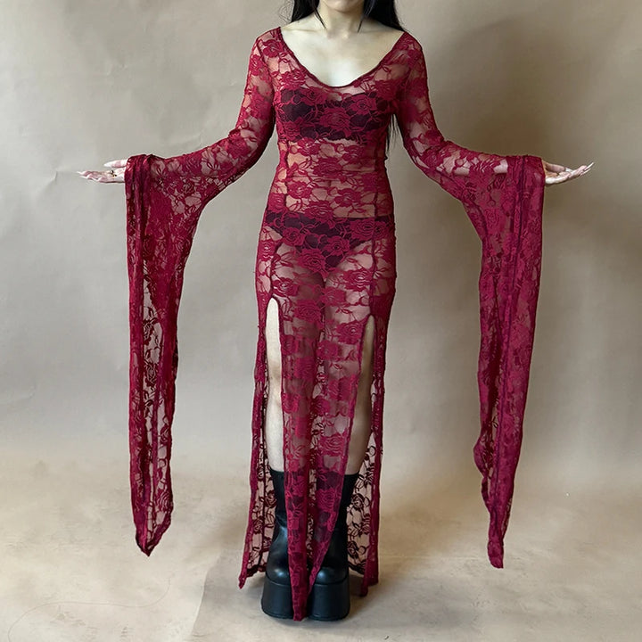 Egirl Goth Punk Sheer Lace Maxi Dress Long Sleeve