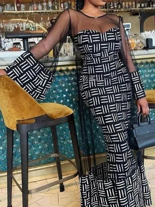 Mesh Flare Sleeve Dress and Bodycon Suit Set Ensemble