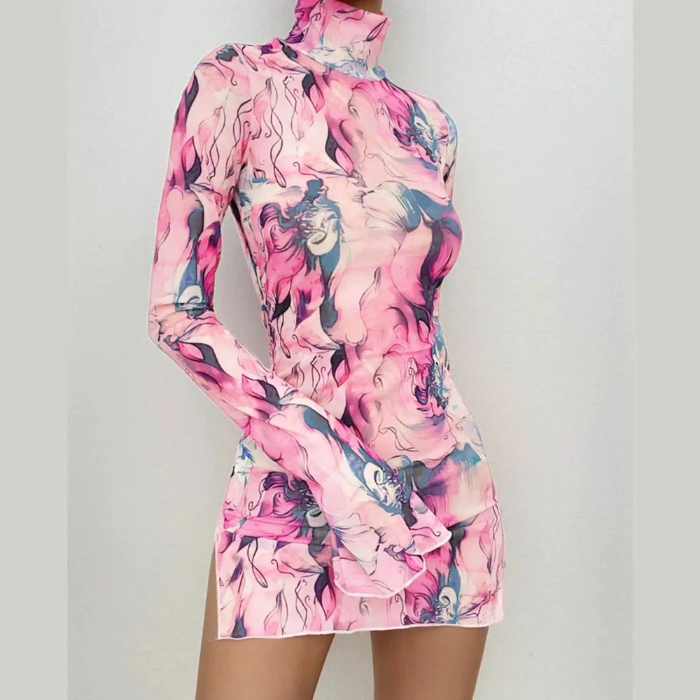 Ladies Mesh Printed Y2k Vintage Dress High Street Slim Elastic Bodycon Party Dress Round Neck Bell Sleeve Side Open Hip Dresses