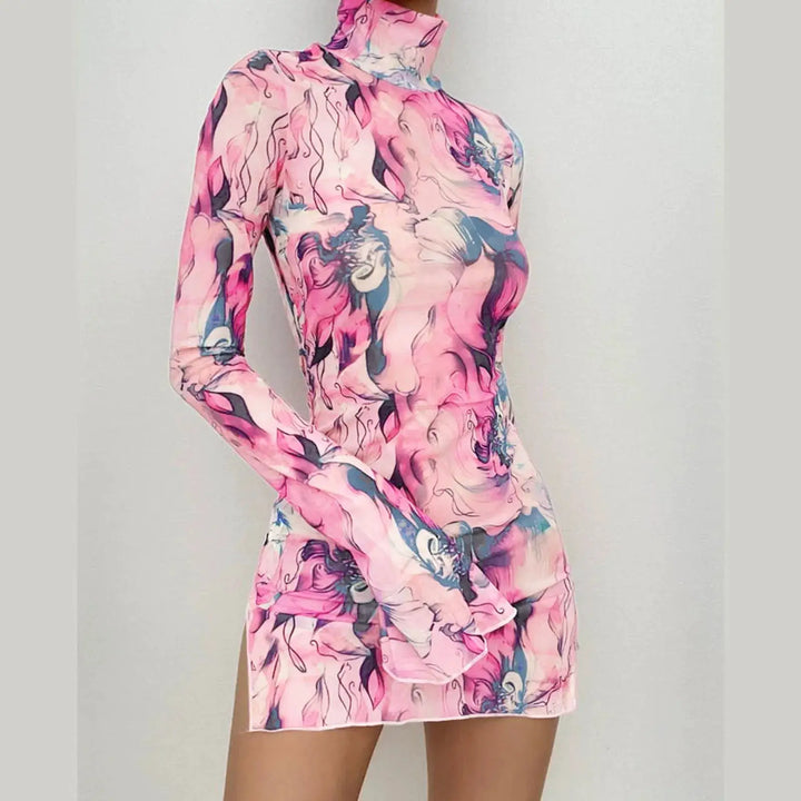 Ladies Mesh Printed Y2k Vintage Dress High Street Slim Elastic Bodycon Party Dress Round Neck Bell Sleeve Side Open Hip Dresses