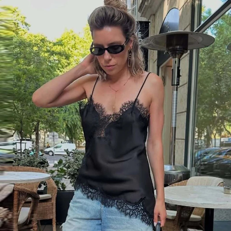HXAO Asymmetrical Slip Top Women Summer 2025 Y2K Tanks &amp; Camis Lace Black Off Shoulder Top Elegant Sleeveless Backless Camisole