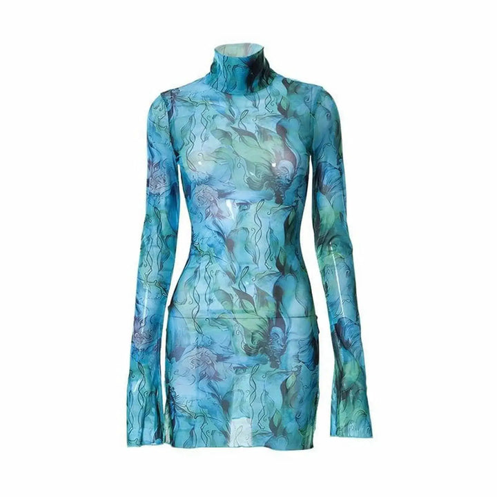 Ladies Mesh Printed Y2k Vintage Dress High Street Slim Elastic Bodycon Party Dress Round Neck Bell Sleeve Side Open Hip Dresses