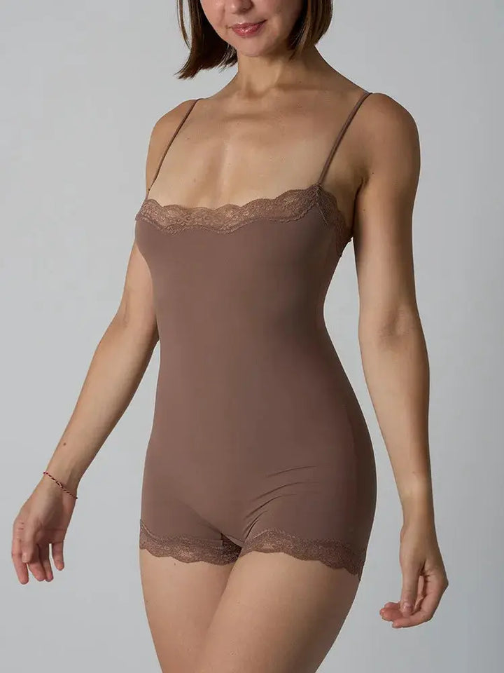 Hot Women Sexy Lace Patchwork Bodysuit Sports FitnessSkinny Shaperwear Camisole Square Neck Spaghetti Strap Slimming Bodycon