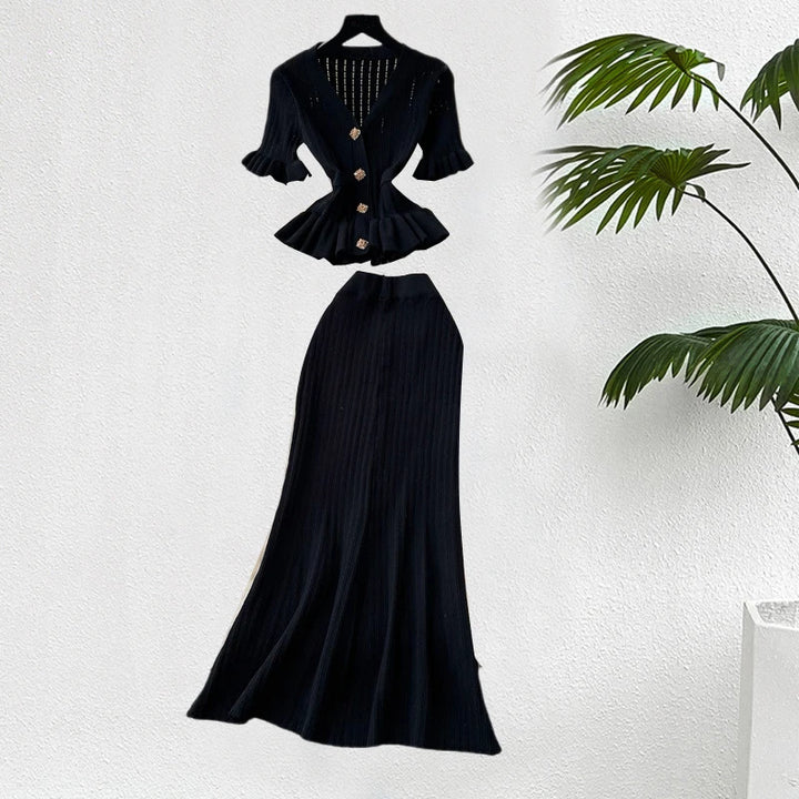YuooMuoo Knit Maxi Dress V Neck Ruffles Slim Waist