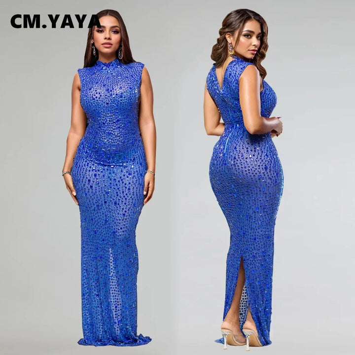 Diamonds Rhinestones O Neck Sleeveless Maxi Dress