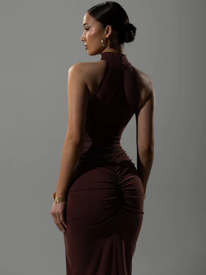Elegant Ruched Halter Maxi Dress For Sexy Evening Party