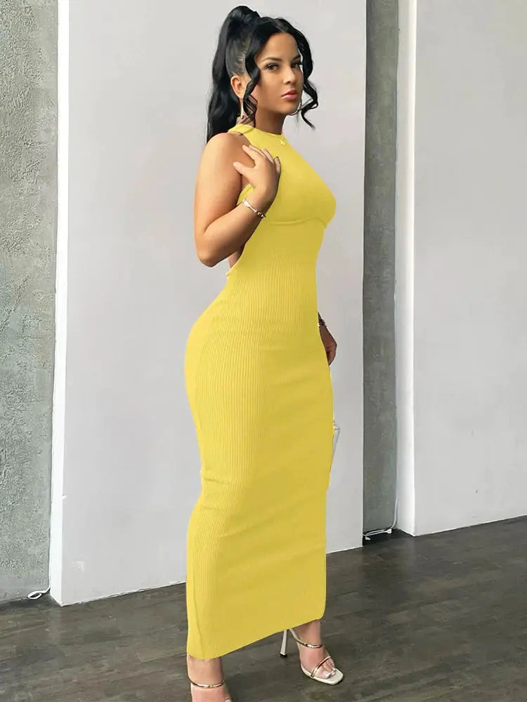 Hugcitar Ribbed Solid Hollow Out Backless Sleeveless Sexy Slit Mini Dress Bodycon 2025 Spring Women Outfits Elegant Party Y2K