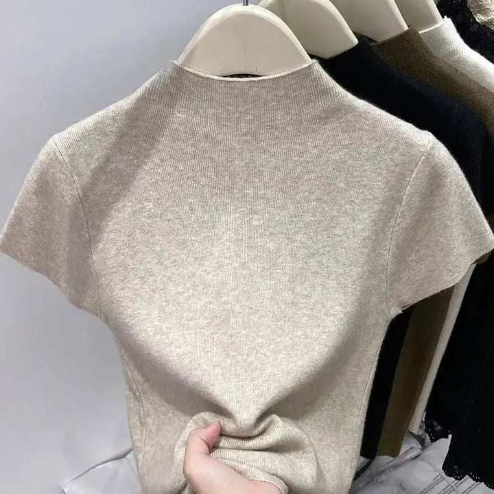Basic Turtleneck Solid Thin Summer 2026 Pullover Women Female Knitted Sweater Slim Short Sleeve Bodycon Sweater