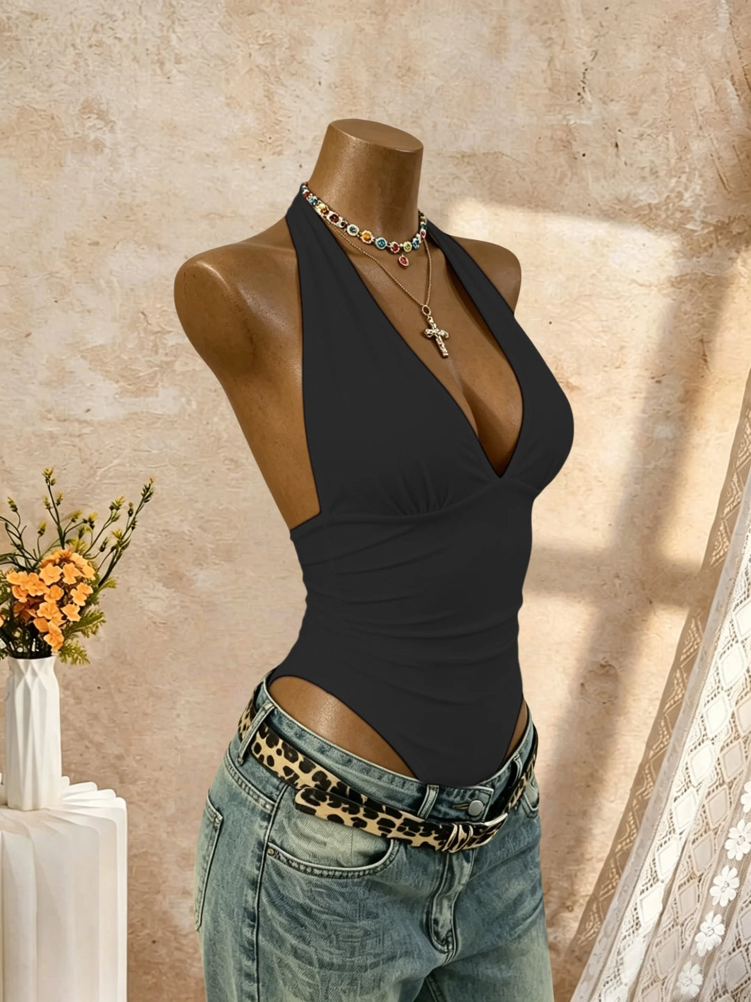 Chic Y2K Halter Bodysuit Deep V Neck Slim Fit