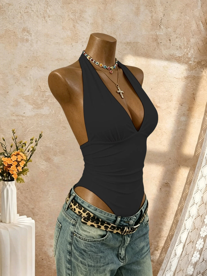 Chic Y2K Halter Bodysuit Deep V Neck Slim Fit