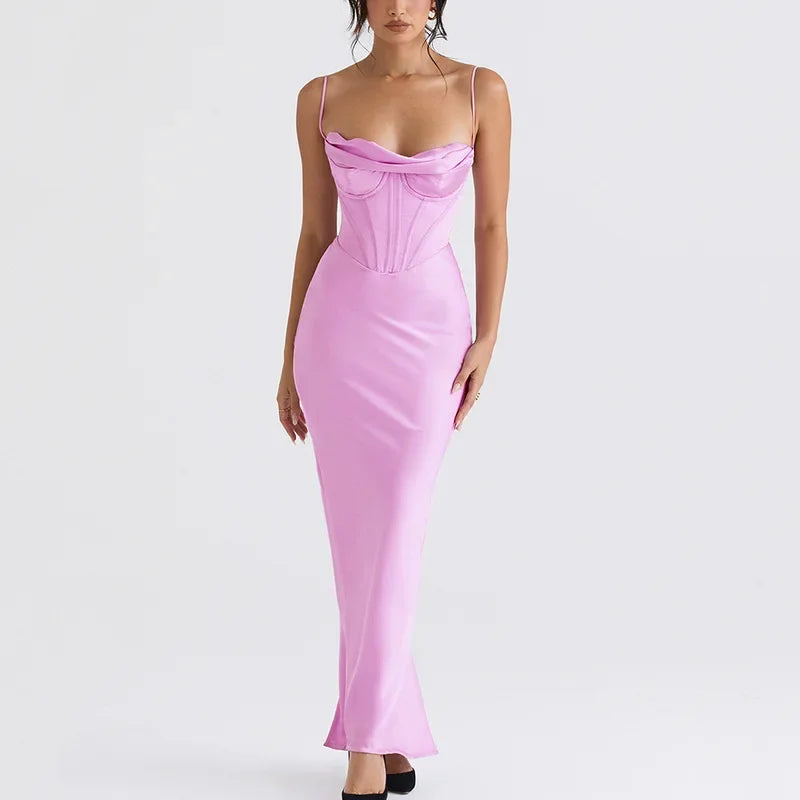 Elegant Satin Pink Maxi Dress For Wedding Or Party