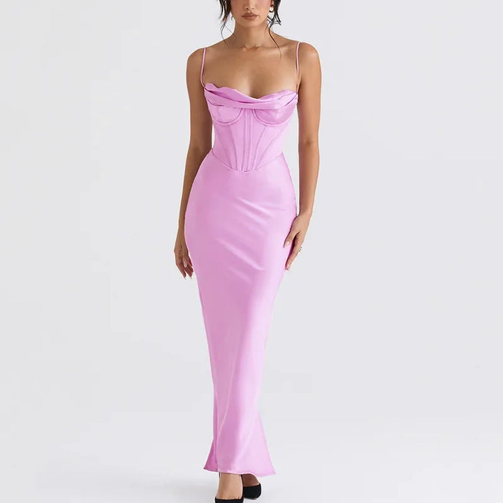 Elegant Satin Pink Maxi Dress For Wedding Or Party