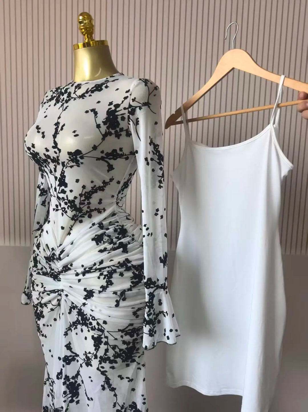 Elegant Sheer Mesh Evening Gown Long Sleeve Formal