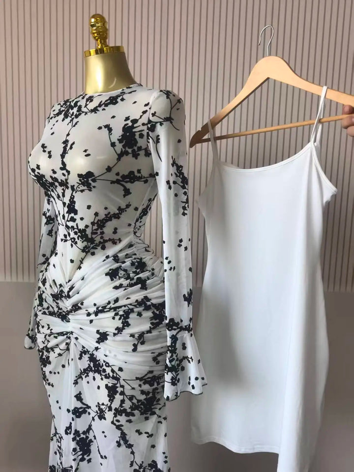 Elegant Sheer Mesh Evening Gown Long Sleeve Formal