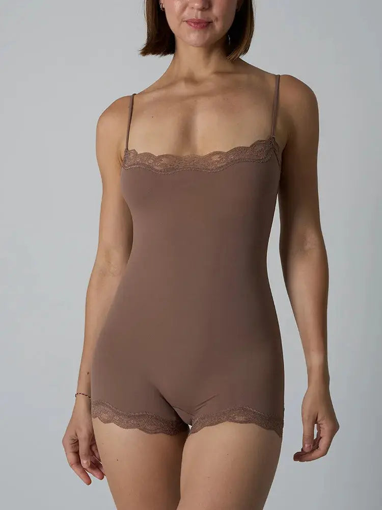 Hot Women Sexy Lace Patchwork Bodysuit Sports FitnessSkinny Shaperwear Camisole Square Neck Spaghetti Strap Slimming Bodycon