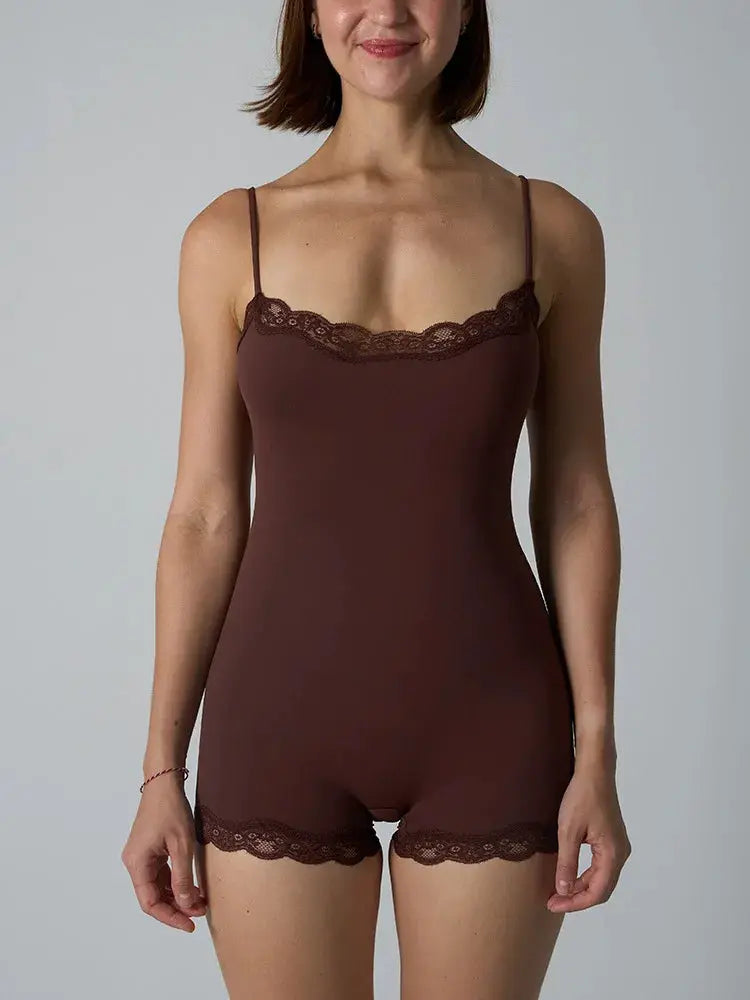 Hot Women Sexy Lace Patchwork Bodysuit Sports FitnessSkinny Shaperwear Camisole Square Neck Spaghetti Strap Slimming Bodycon