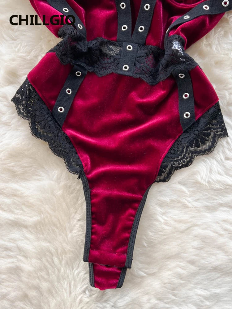 ChillGio Velour Bodysuit Women Lace Patchwork