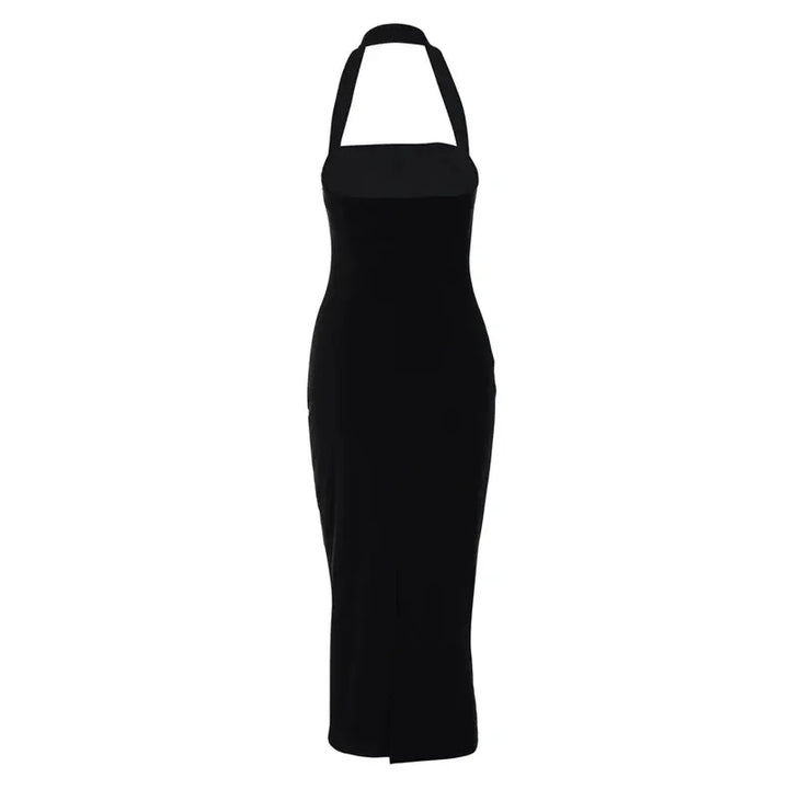 Hugcitar 2025 Elegant Halter Black Backless Sexy Bodycon Maxi Prom Dress Summer Women Y2K Clothes Wedding Birthday Party