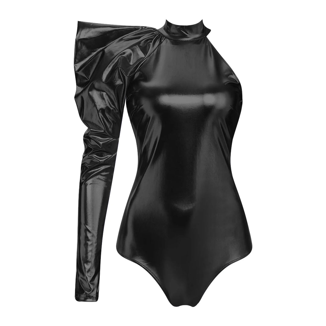 Stunning Womens Metallic Bodysuit With Dramatic Puff Sleeves For Party