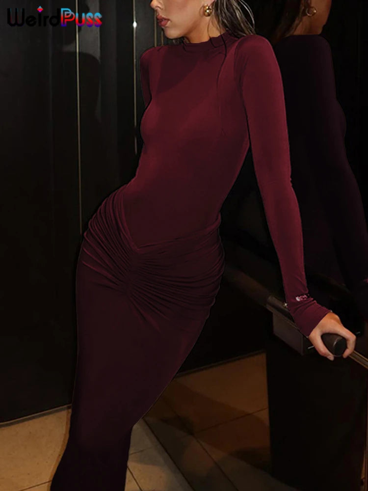 Weird Puss Ruched O Neck Slim Bodycon Dress