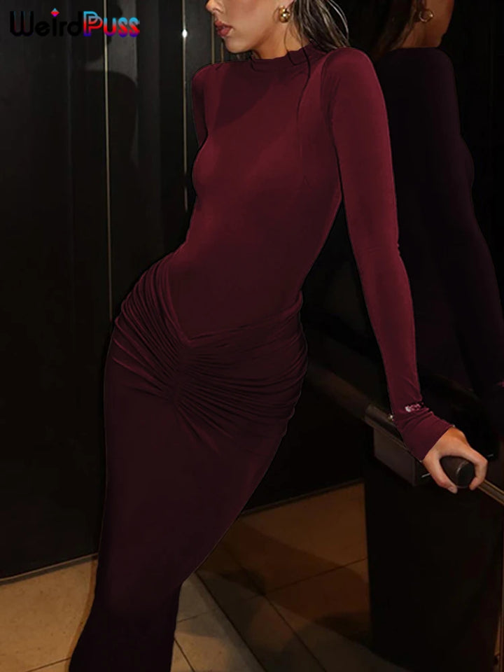 Weird Puss Ruched O Neck Slim Bodycon Dress