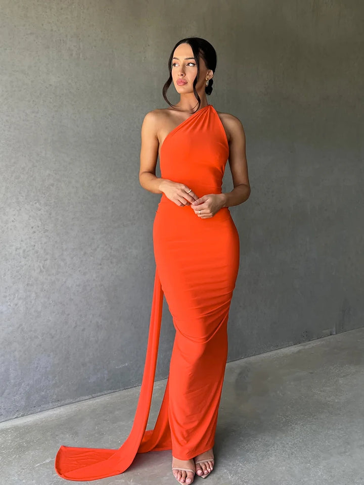 Elegant Y2k One Shoulder Maxi Dress Scarf Backless