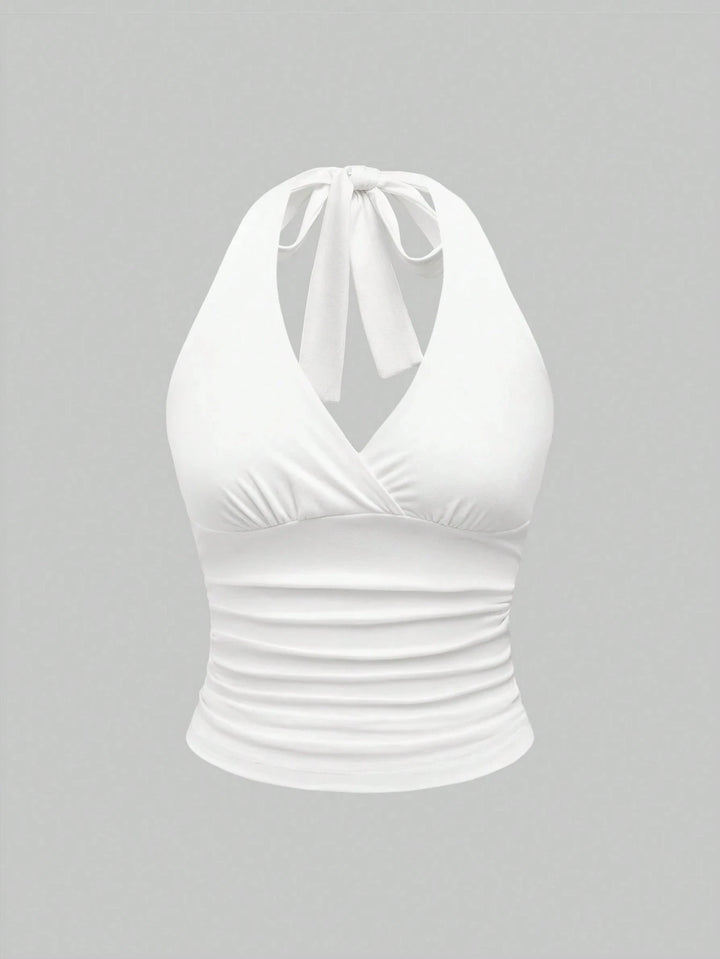 Solid V-neck Backless Halter Crop Top for Women Summer Sexy Y2K Sleeveless Ruched Top Streetwear