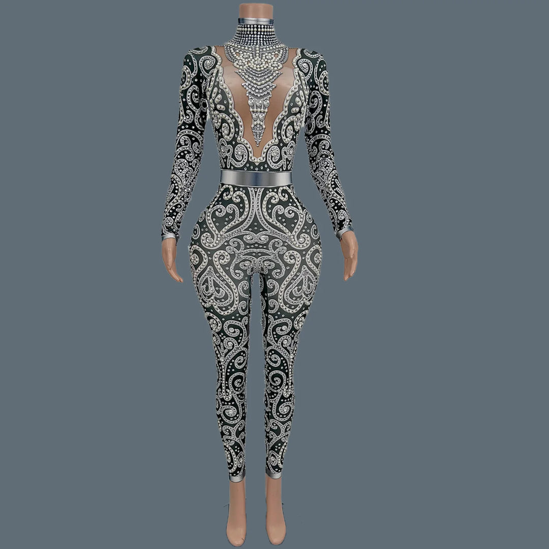 Women Sparkly Rhinestone Pearls Spandex Jumpsuit Nightclub Party Stage Performance Bodycon Wear Sexy Printing Jumpsuit Quanquan