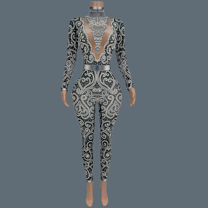 Women Sparkly Rhinestone Pearls Spandex Jumpsuit Nightclub Party Stage Performance Bodycon Wear Sexy Printing Jumpsuit Quanquan