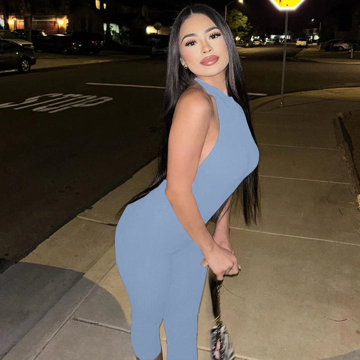 Elegant Ribbed Knit Halter Neck Bodycon Jumpsuit