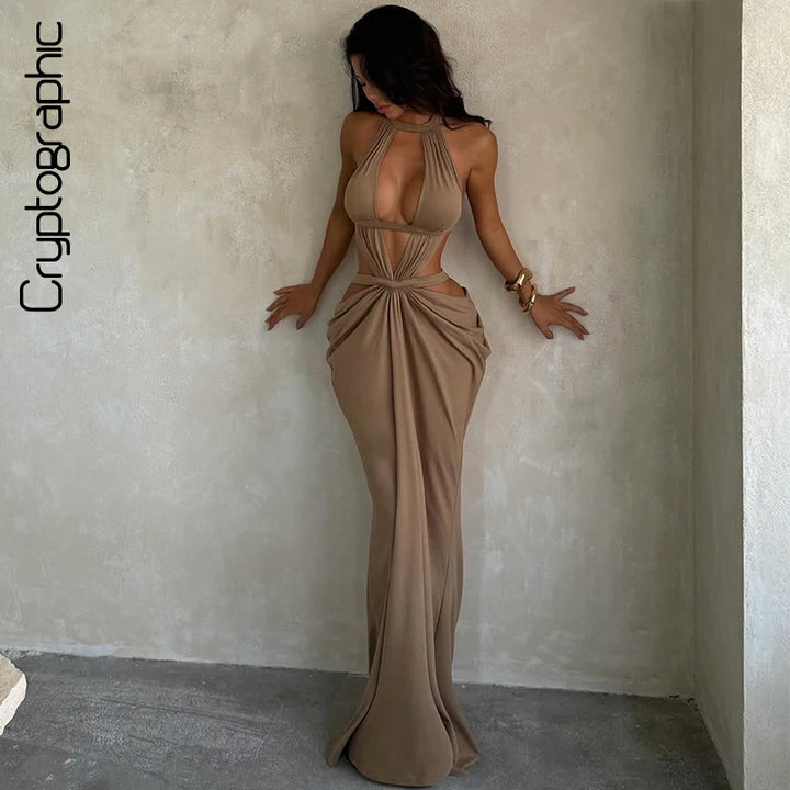 Elegant Khaki Halter Backless Maxi Party Dress