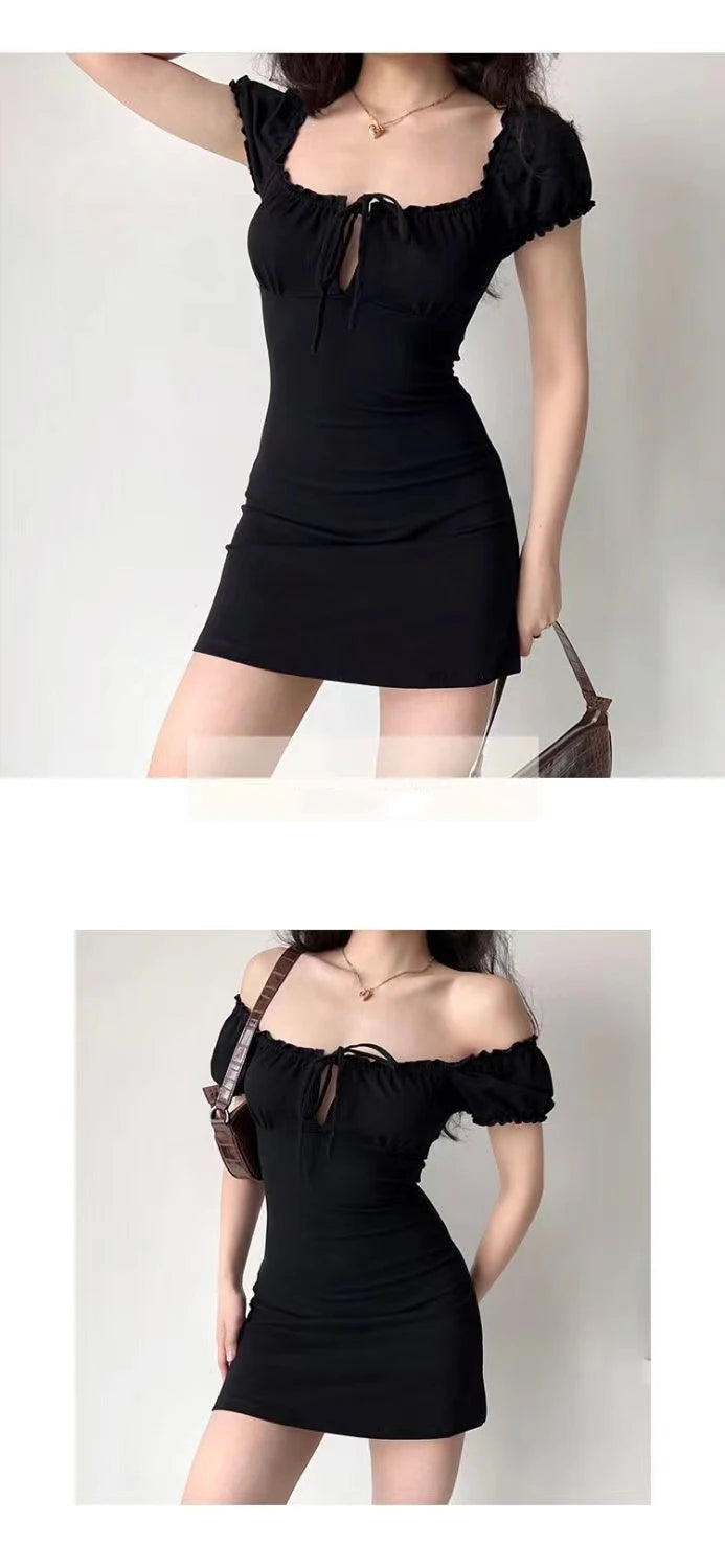 Chic Black Square Collar Mini Dress With Puff