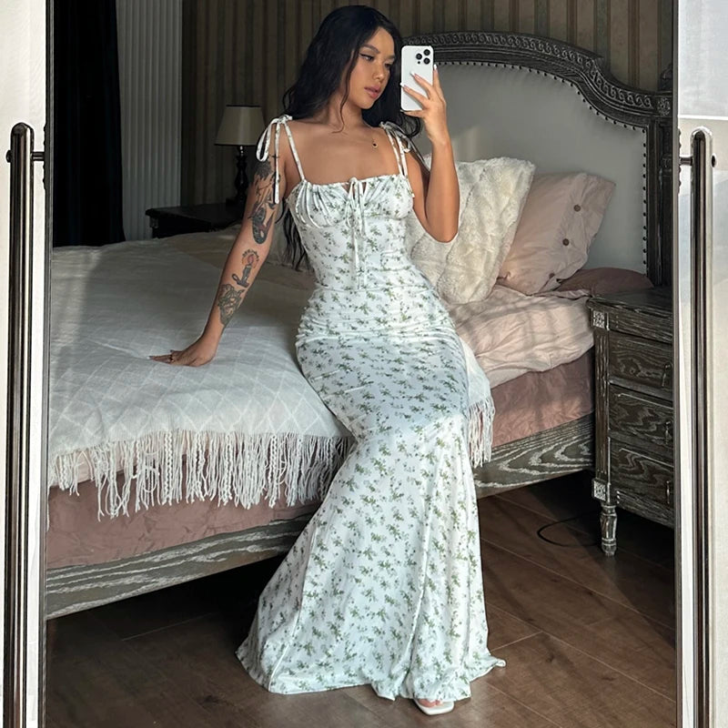 Floral Sleeveless Backless Lace Up Bodycon Maxi