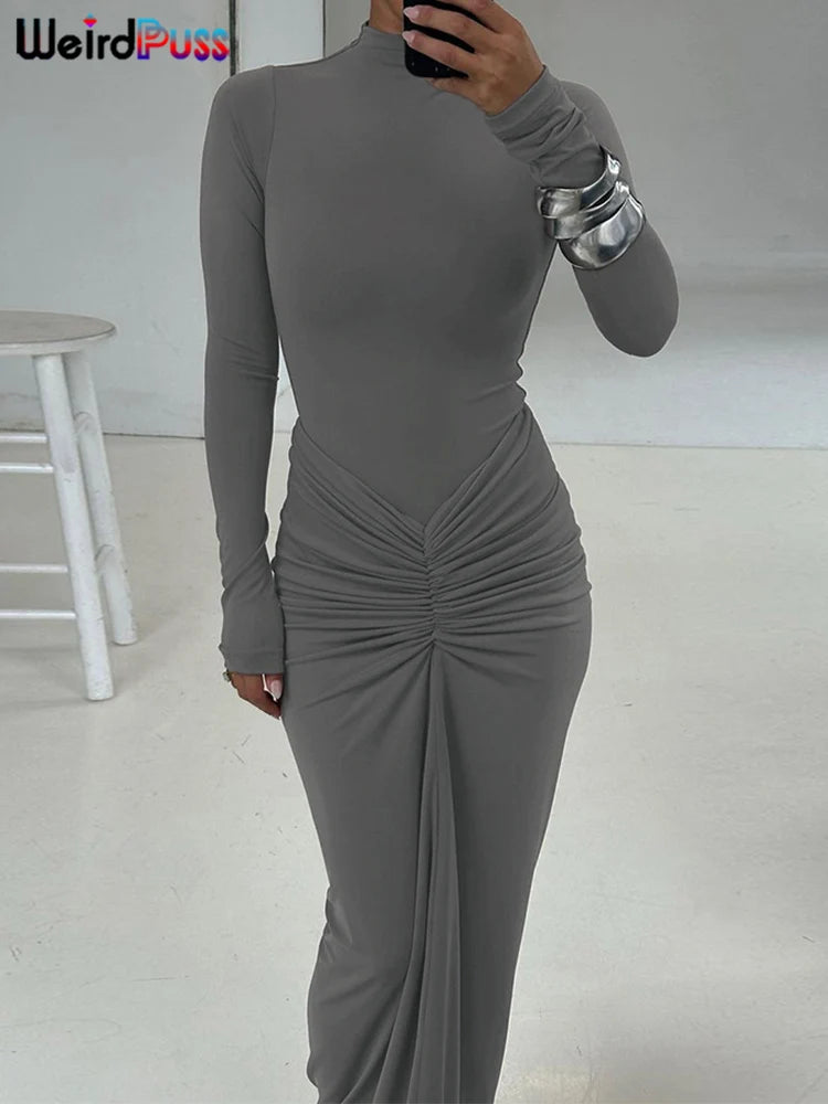 Weird Puss Ruched O Neck Slim Bodycon Dress