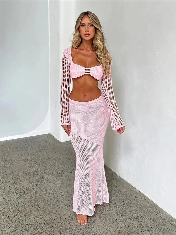 Womens Crochet Knit 2 Piece Set Backless Crop Top Skirt