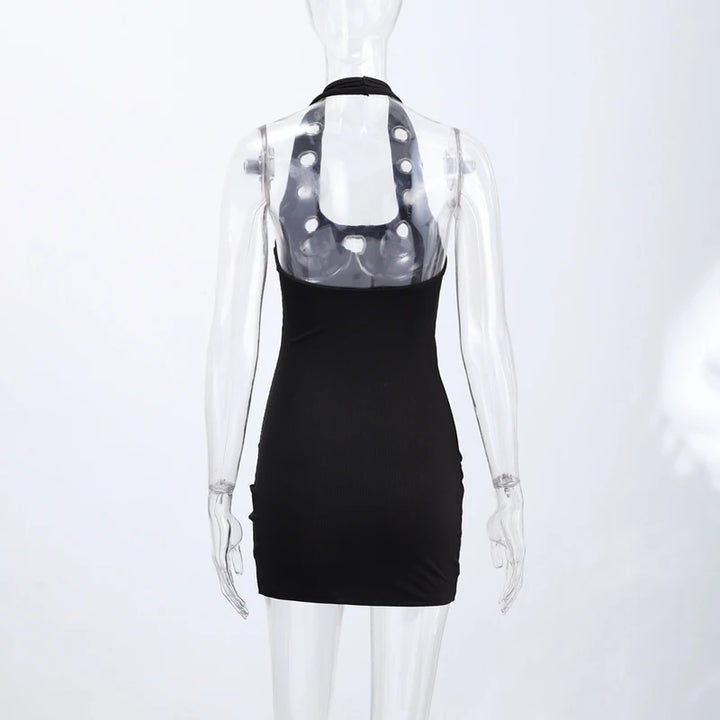 Chin Sweety Metal Ring Halter Mini Dress