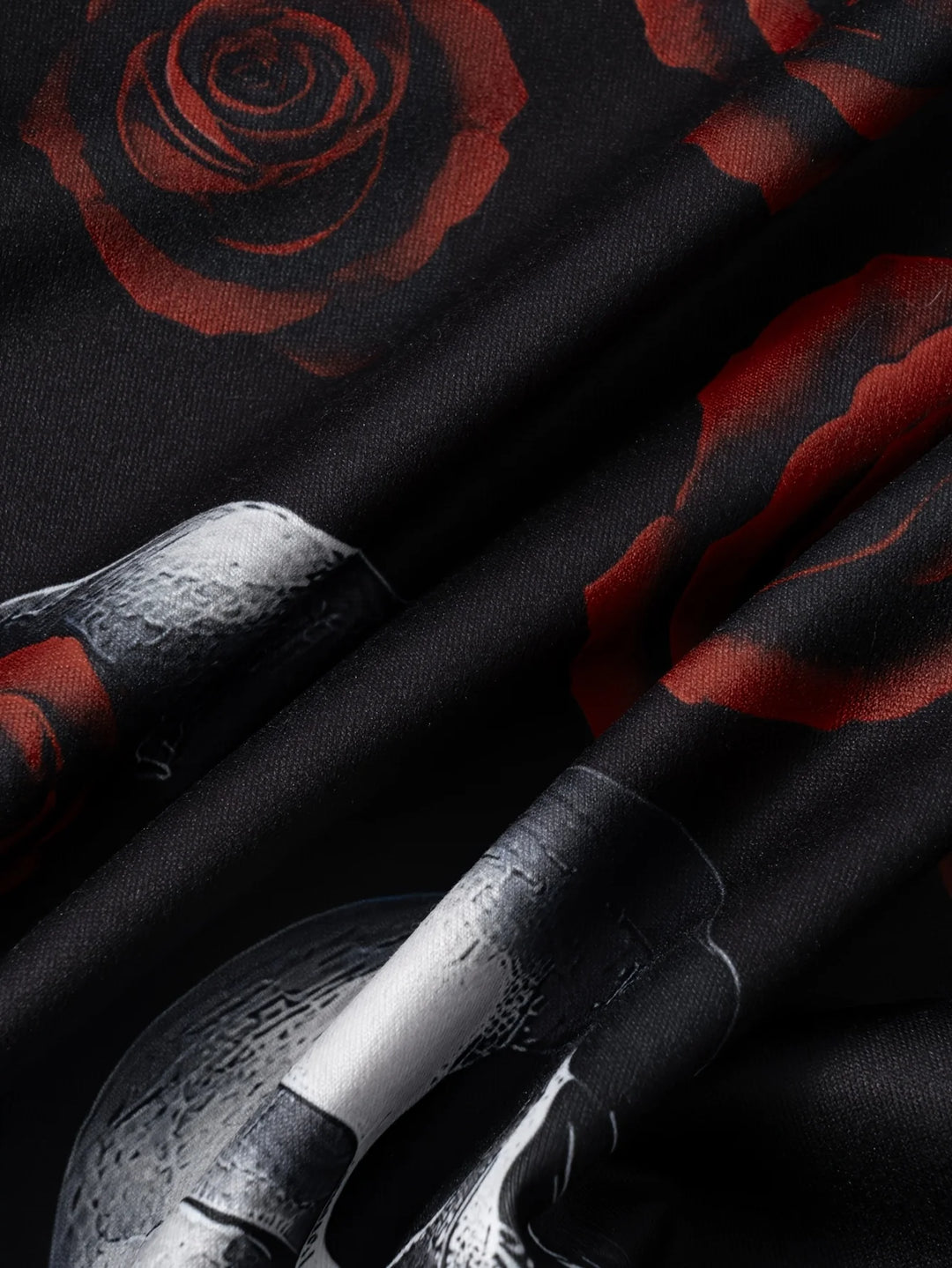Edgy Silver Skull Red Rose Black Spaghetti Strap Maxi Dress