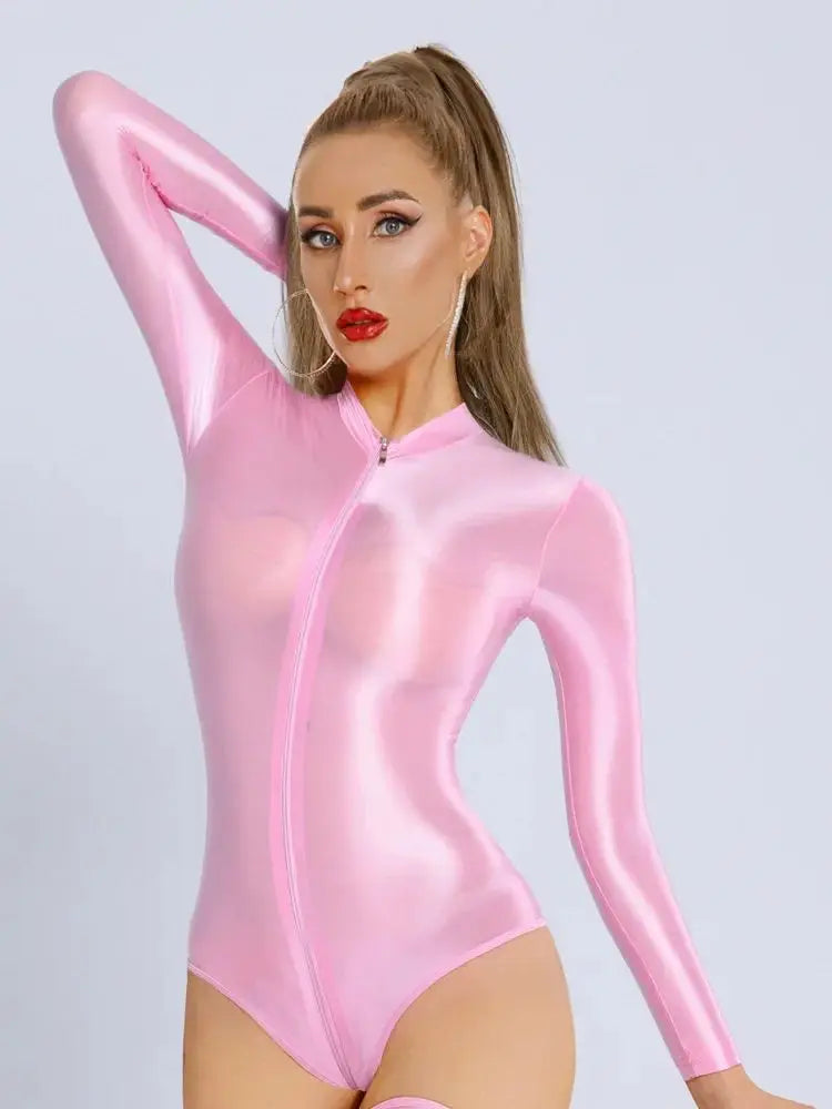 Glossy Long Sleeve Swim Bodysuit Zipper Tights