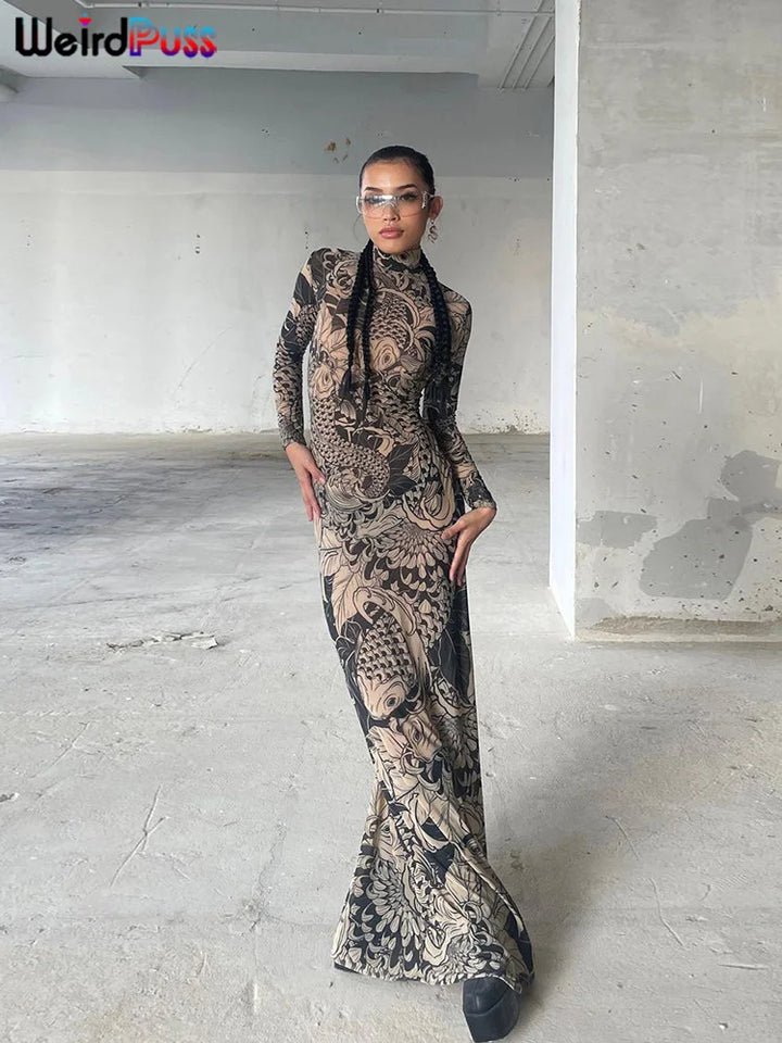 Weird Puss Mesh Print Maxi Dress Turtleneck