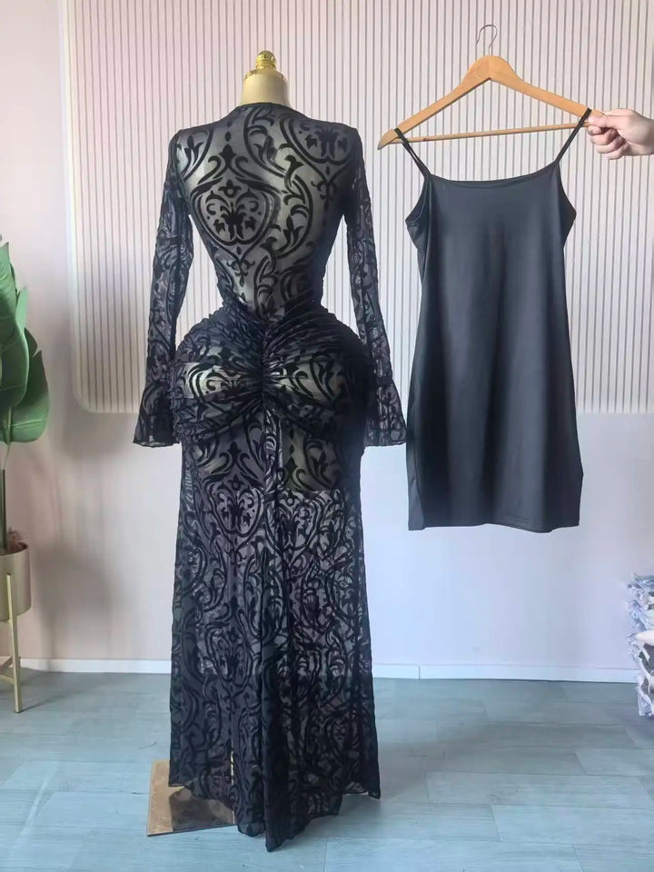 Elegant Sheer Mesh Evening Gown Long Sleeve Formal