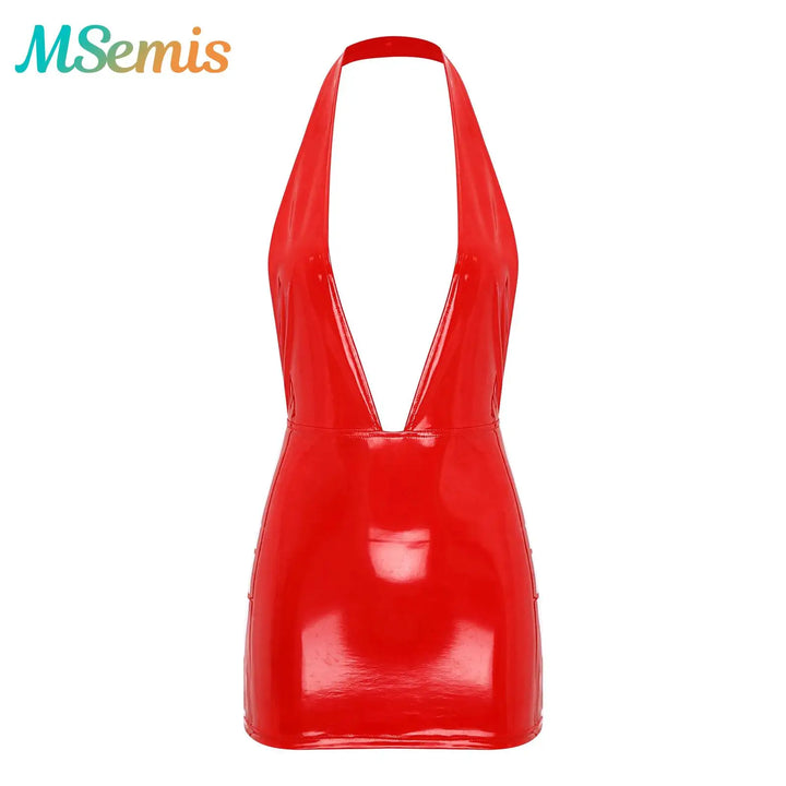 Women Skinny Latex Mini Dress Wet Look Clubwear