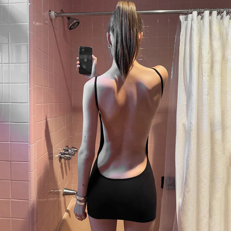 Stunning Black Y2K Backless Knit Mini Dress
