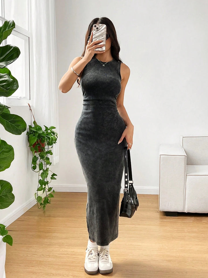 Womens Summer Round Neck Pleated Bodycon Dress