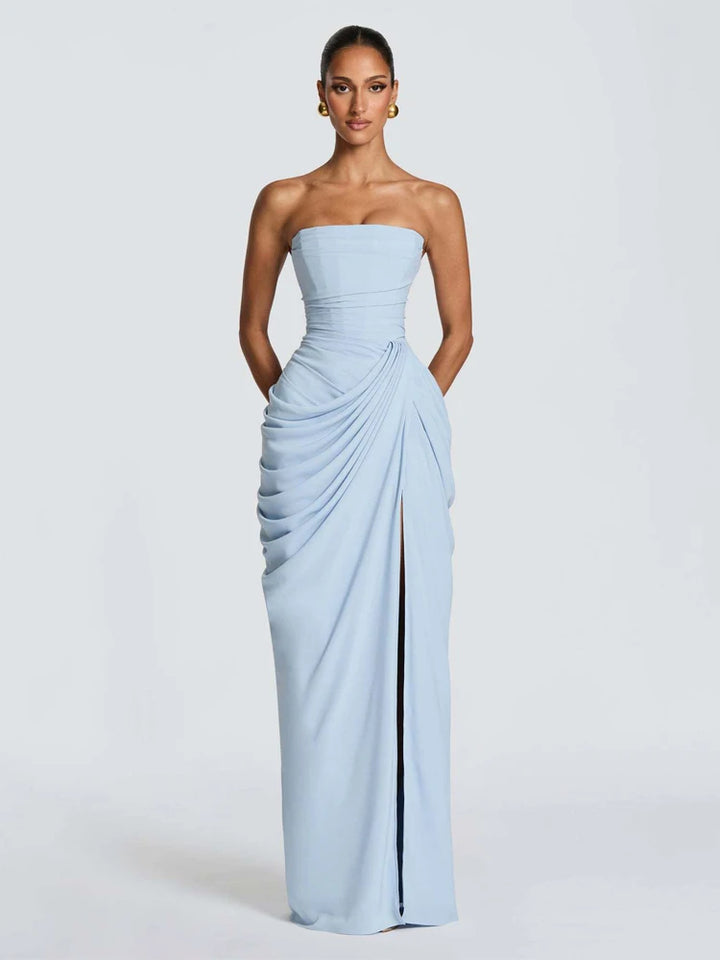 Elegant Yellow Strapless Pleated Dress For Summer Evening Parties