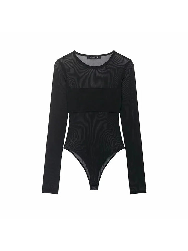 Sexy Mesh Bodysuit Women See Through Neck Jumpsuit